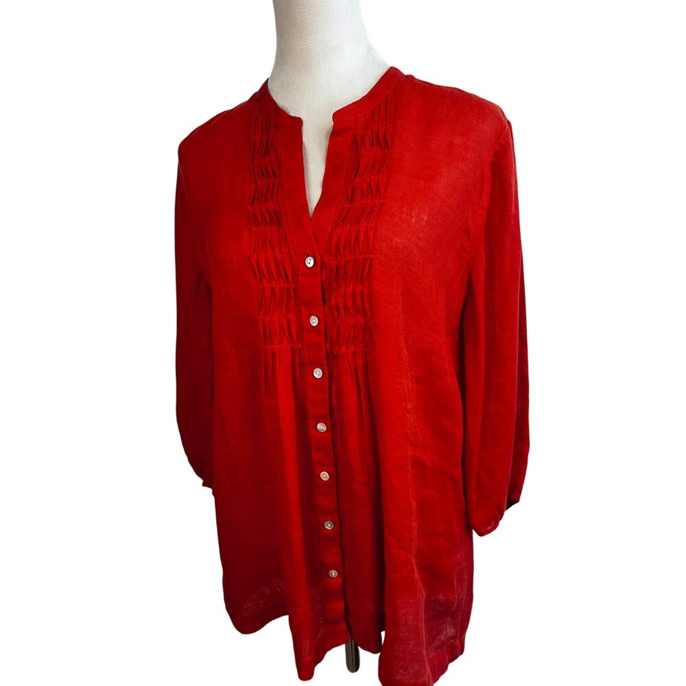 Tommy Bahama 100% Linen Coral Red Pintuck Button Front Blouse Small 3/4 Sleeves